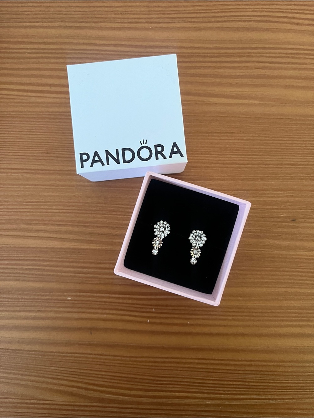 Pandora Silver Flower Drop Earrings with Clear Stones